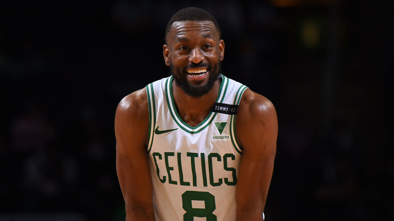 BOSTON, MA - APRIL 22: Kemba Walker #8 of the Boston Celtics smiles during the game against the Phoenix Suns on April 22, 2021 at the TD Garden in Boston, Massachusetts. Mandatory Copyright Notice: Copyright 2021 NBAE