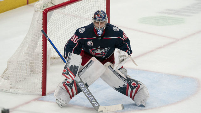 COLUMBUS, OH - APRIL 08: Columbus Blue Jackets goaltender Elvis Merzlikins #90 tends net during the game between the Columbus Blue Jackets and the Tampa Bay Lightning at Nationwide Arena in Columbus, OH on April 8, 2021.