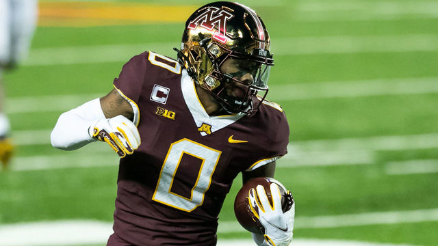 MINNEAPOLIS, MINNESOTA - OCTOBER 24: Rashod Bateman #0 of the Minnesota Golden Gophers carries the ball against the Michigan Wolverines in the third quarter of the game at TCF Bank Stadium on October 24, 2020 in Minneapolis, Minnesota. The Wolverines defeated the Gophers 49-24.