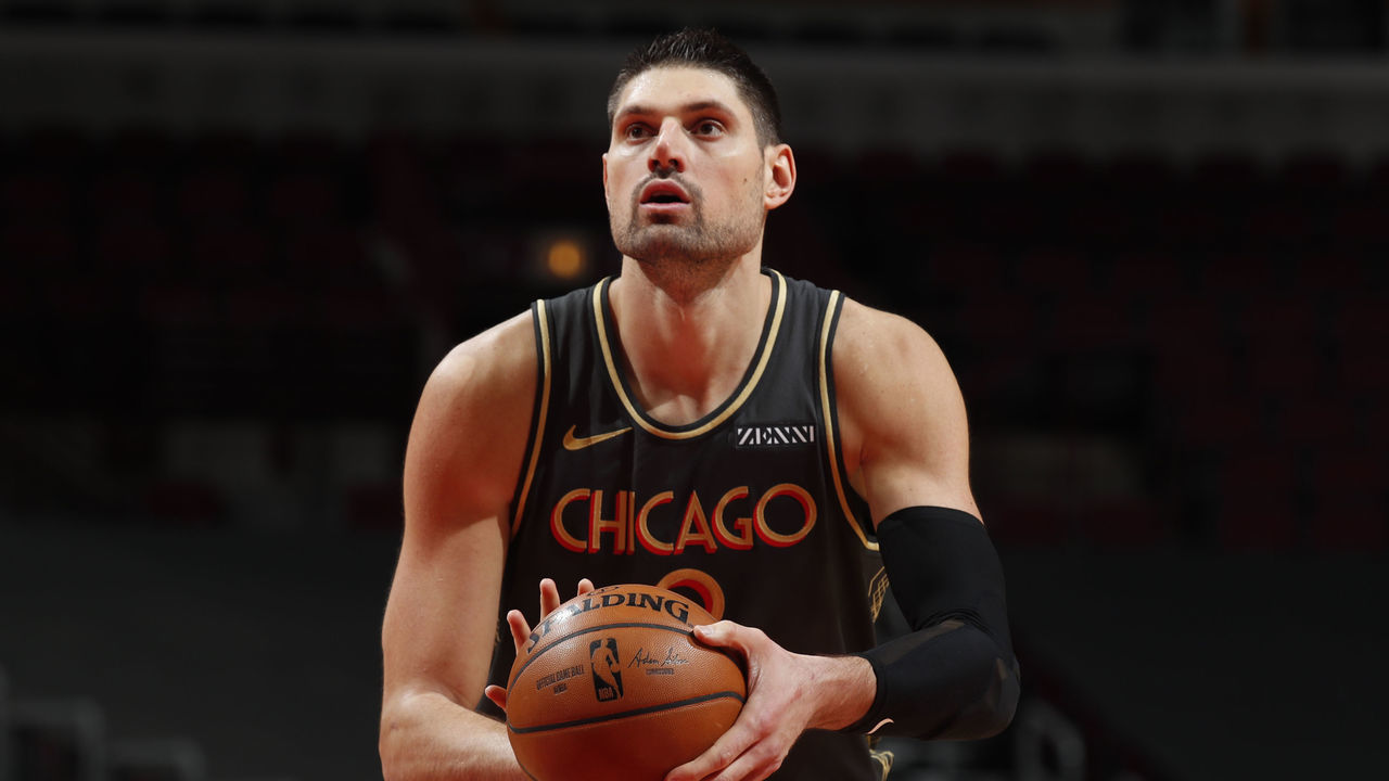 CHICAGO, IL - APRIL 22: Nikola Vucevic #9 of the Chicago Bulls shoots a free throw during the game against the Charlotte Hornets on April 22, 2021 at United Center in Chicago, Illinois. Mandatory Copyright Notice: Copyright 2021 NBAE
