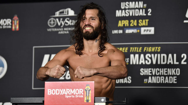 JACKSONVILLE, FLORIDA - APRIL 23: Jorge Masvidal poses on the scale during the official UFC 261 weigh-in at Omni Jacksonville Hotel on April 23, 2021 in Jacksonville, Florida.