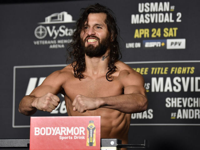 JACKSONVILLE, FLORIDA - APRIL 23: Jorge Masvidal poses on the scale during the official UFC 261 weigh-in at Omni Jacksonville Hotel on April 23, 2021 in Jacksonville, Florida.