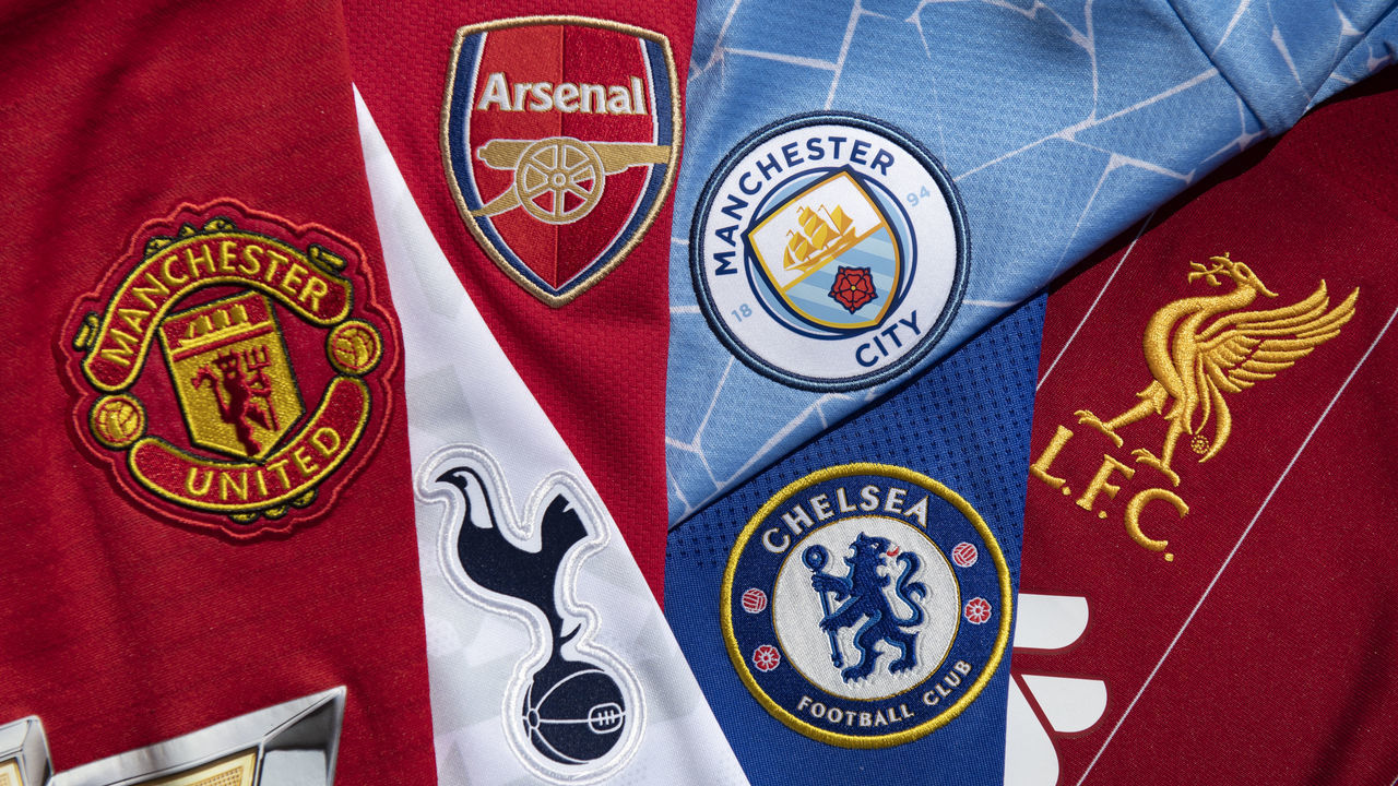 MANCHESTER, ENGLAND - APRIL 22: The club badges on the home shirts of the so-called top six in English football, Arsenal, Chelsea, Liverpool, Manchester United, Manchester City and Tottenham Hotspur. All were involved in the setting up of the European Super League on April 22, 2021 in Manchester, United Kingdom.