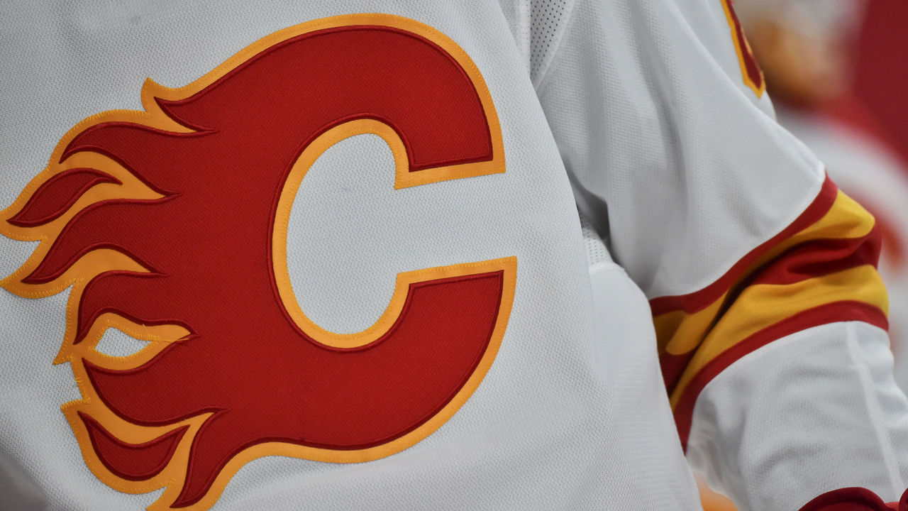 MONTREAL, QC - JANUARY 30: A detail of the Calgary Flames logo is seen during the second period against the Montreal Canadiens at the Bell Centre on January 30, 2021 in Montreal, Canada. The Calgary Flames defeated the Montreal Canadiens 2-0.