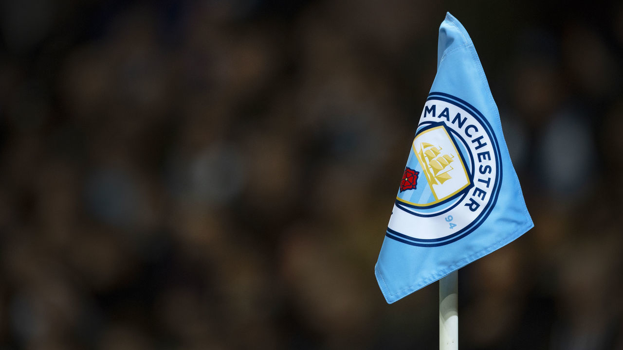 MANCHESTER, ENGLAND - NOVEMBER 07: The Manchester City logo on the corner flag during the Group F match of the UEFA Champions League between Manchester City and FC Shakhtar Donetsk at Etihad Stadium on November 7, 2018 in Manchester, United Kingdom.