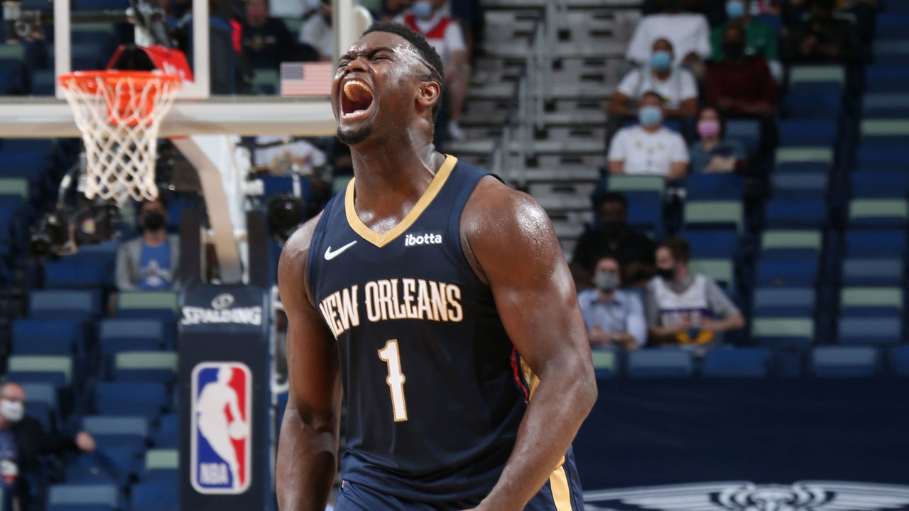 NEW ORLEANS, LA - APRIL 20: Zion Williamson #1 of the New Orleans Pelicans screams during the game against the Brooklyn Nets on April 20, 2021 at the Smoothie King Center in New Orleans, Louisiana. Mandatory Copyright Notice: Copyright 2021 NBAE
