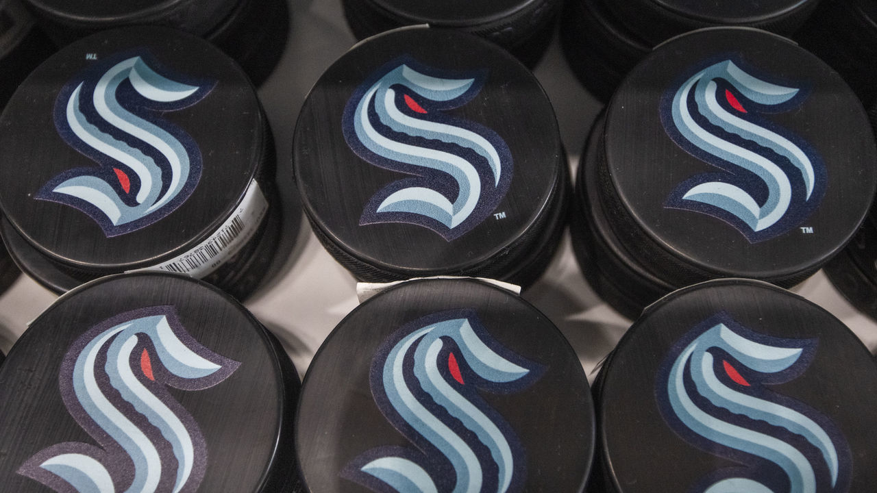 SEATTLE, WASHINGTON - AUGUST 21: Pucks advertise the NHL's newest franchise during the grand opening of Seattle Kraken Team Store on August 21, 2020 in Seattle, Washington.