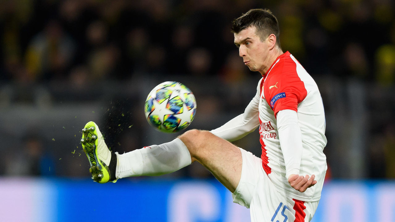 DORTMUND, GERMANY - DECEMBER 10: (BILD ZEITUNG OUT) Ondrej Kudela of Slavia Praha controls the ball during the UEFA Champions League group F match between Borussia Dortmund and Slavia Praha at Signal Iduna Park on December 10, 2019 in Dortmund, Germany.