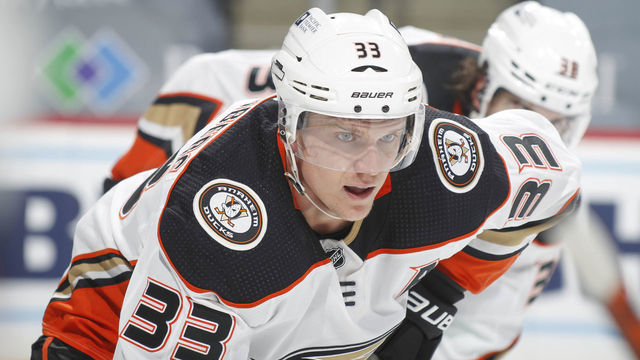 SAINT PAUL, MN - MARCH 22: Jakob Silfverberg #33 of the Anaheim Ducks awaits a face-off against the Minnesota Wild during the game at the Xcel Energy Center on March 22, 2021 in Saint Paul, Minnesota.