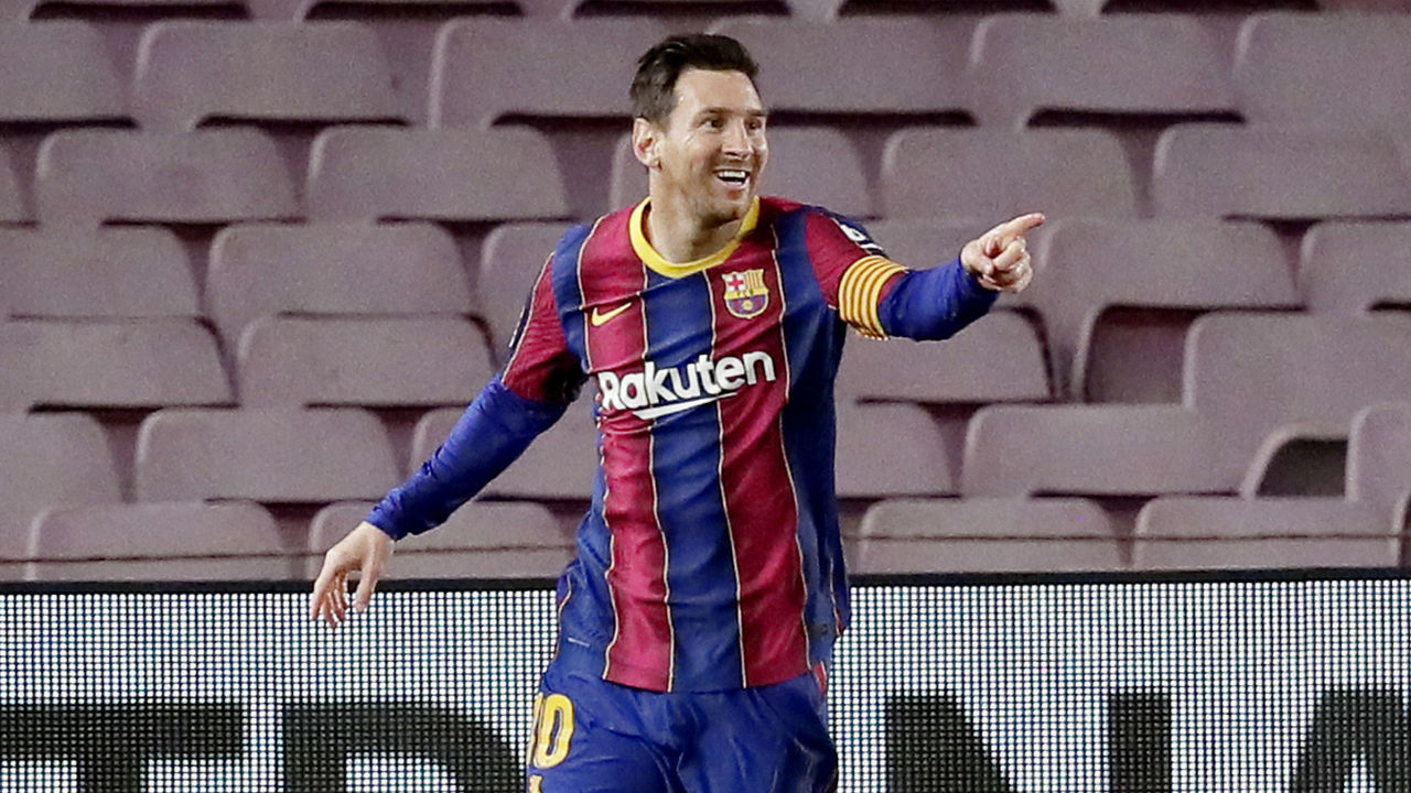 BARCELONA, SPAIN - APRIL 22: Lionel Messi of FC Barcelona celebrates 1-0 during the La Liga Santander match between FC Barcelona v Getafe at the Camp Nou on April 22, 2021 in Barcelona Spain