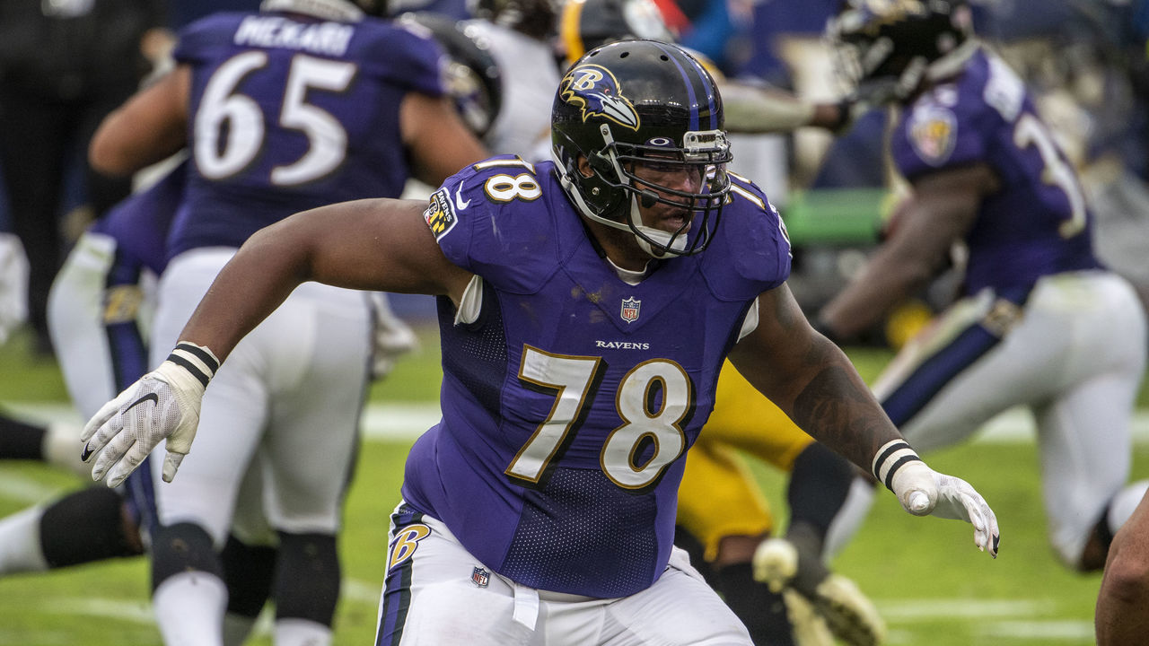 BALTIMORE, MD - NOVEMBER 01: Orlando Brown #78 of the Baltimore Ravens during a game against the Pittsburgh Steelers at M&T Bank Stadium on November 1, 2020 in Baltimore, Maryland.