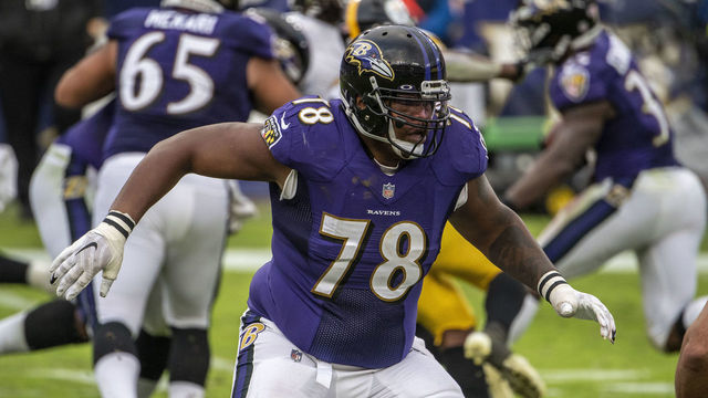 BALTIMORE, MD - NOVEMBER 01: Orlando Brown #78 of the Baltimore Ravens during a game against the Pittsburgh Steelers at M&T Bank Stadium on November 1, 2020 in Baltimore, Maryland.