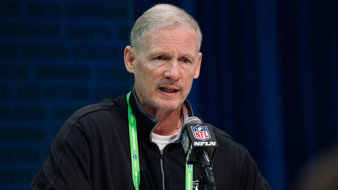 INDIANAPOLIS, IN - FEBRUARY 25: Oakland Raiders general manager Mike Mayock answers questions from the media during the NFL Scouting Combine on February 25, 2020 at the Indiana Convention Center in Indianapolis, IN.