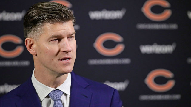 LAKE FOREST, IL - JANUARY 09: General manager Ryan Pace of the Chicago Bears speaks to the media during an introductory press conference for new head coach Matt Nagy at Halas Hall on January 9, 2018 in Lake Forest, Illinois.