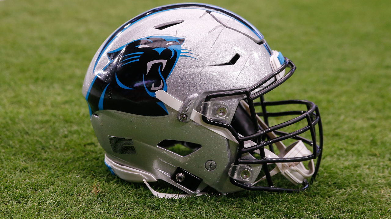 GLENDALE, AZ - SEPTEMBER 22: A Carolina Panthers helmet on the field before the NFL football game between the Carolina Panthers and the Arizona Cardinals on September 22, 2019 at State Farm Stadium in Glendale, Arizona.