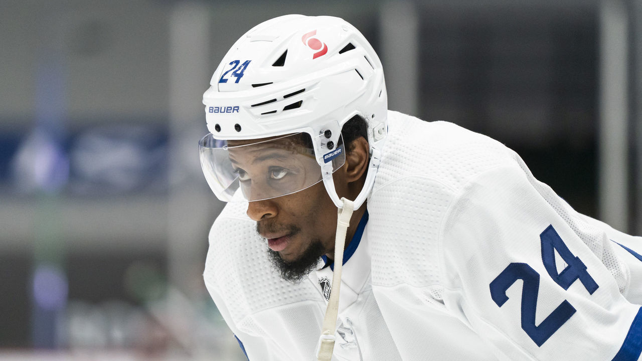 VANCOUVER, BC - APRIL 18: Wayne Simmonds #24 of the Toronto Maple Leafs during the pre-game warm-up prior to NHL hockey action at Rogers Arena against the Vancouver Canucks on April 17, 2021 in Vancouver, Canada.