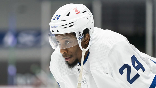 VANCOUVER, BC - APRIL 18: Wayne Simmonds #24 of the Toronto Maple Leafs during the pre-game warm-up prior to NHL hockey action at Rogers Arena against the Vancouver Canucks on April 17, 2021 in Vancouver, Canada.