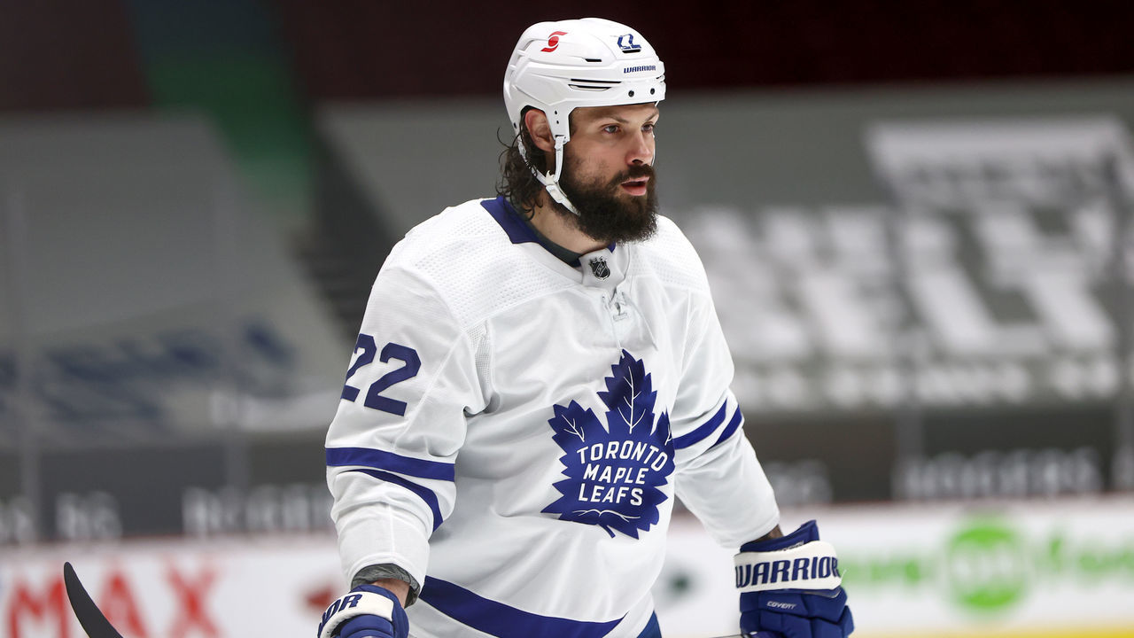 VANCOUVER, BC - APRIL 20: Toronto Maple Leafs Defenceman Zach Bogosian (22) on ice against the Vancouver Canucks during their NHL game at Rogers Arena on April 20, 2021 in Vancouver, British Columbia, Canada.