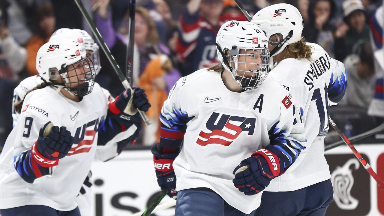 ANAHEIM, CALIFORNIA - FEBRUARY 08: Hilary Knight #21 of U.S. Women's Hockey Team celebrates her goal in the first period against the Canadian Women's National Team at Honda Center on February 08, 2020 in Anaheim, California.