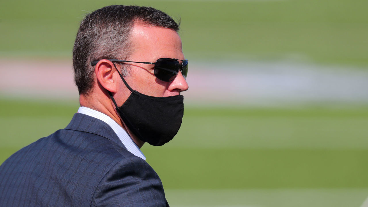 ORCHARD PARK, NY - SEPTEMBER 27: General manager Brandon Beane of the Buffalo Bills on the field before a game against the Los Angeles Rams at Bills Stadium on September 27, 2020 in Orchard Park, New York. Bills beat the Rams 35 to 32.