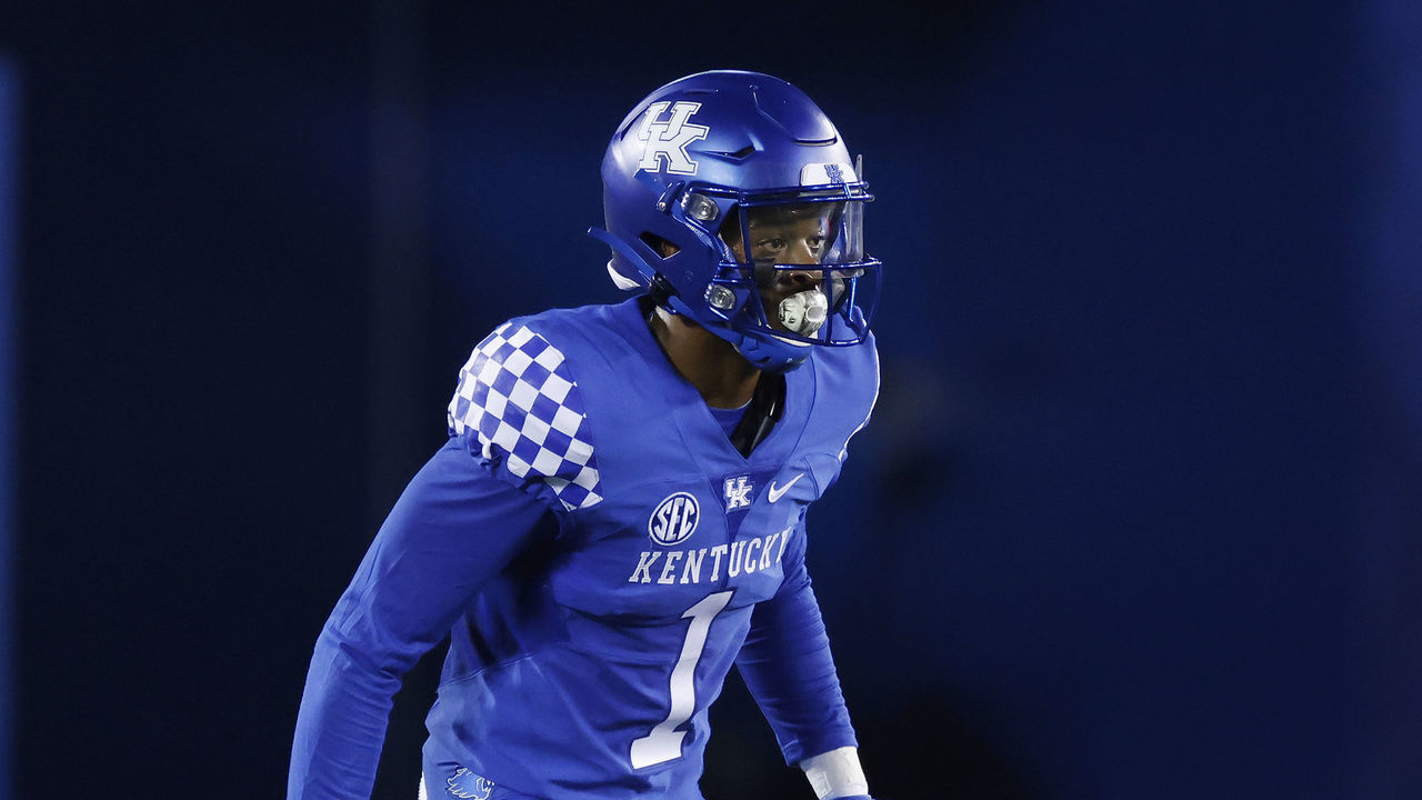 LEXINGTON, KY - OCTOBER 10: Kelvin Joseph #1 of the Kentucky Wildcats in action on defense during a game against the Mississippi State Bulldogs at Kroger Field on October 10, 2020 in Lexington, Kentucky. Kentucky won 24-2.