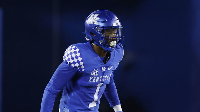 LEXINGTON, KY - OCTOBER 10: Kelvin Joseph #1 of the Kentucky Wildcats in action on defense during a game against the Mississippi State Bulldogs at Kroger Field on October 10, 2020 in Lexington, Kentucky. Kentucky won 24-2.