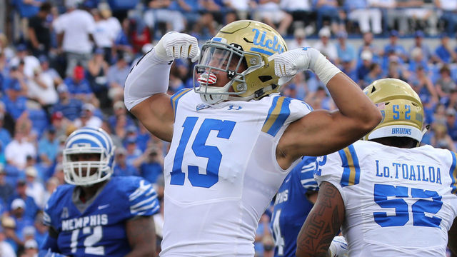 MEMPHIS, TN - SEPTEMBER 16: Jaelan Phillips #15 of the UCLA Bruins celebrates a play against the Memphis Tigers on September 16, 2017 at Liberty Bowl Memorial Stadium in Memphis, Tennessee. Memphis defeated UCLA 48-45.