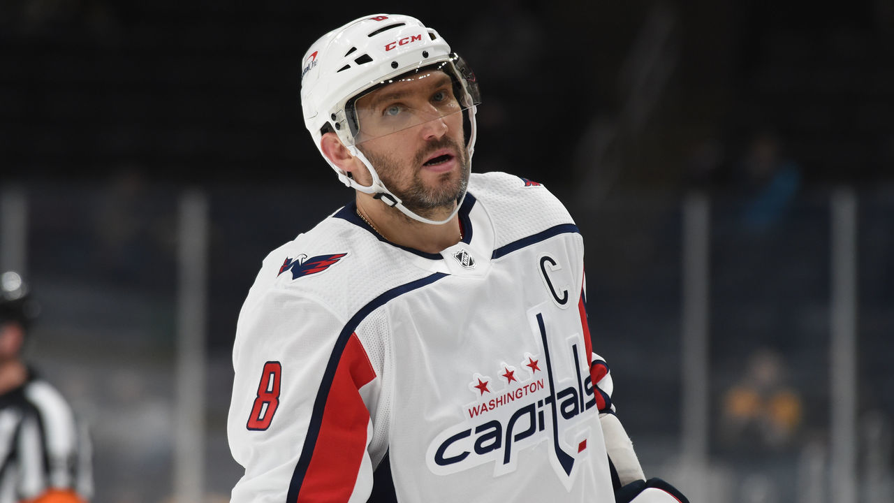 BOSTON, MA - APRIL 18: Alex Ovechkin #8 of the Washington Capitals skates against the Boston Bruins at the TD Garden on April 18, 2021 in Boston, Massachusetts.