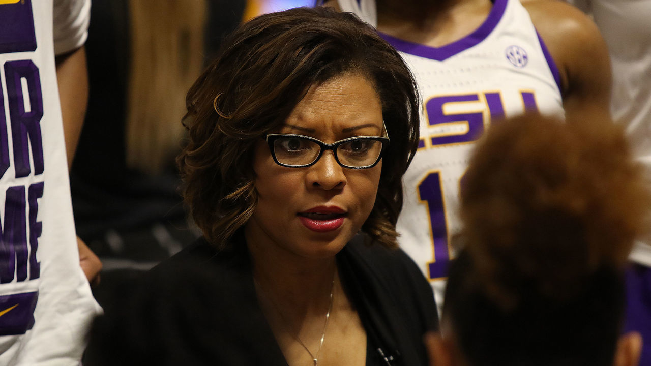 GREENVILLE, SC - MARCH 05: Nikki Fargas head coach of LSU during the SEC Women's College basketball tournament game between the Florida Gators and the LSU Tigers on March 5, 2020, at Bon Secours Wellness Arena in Greenville, S.C.