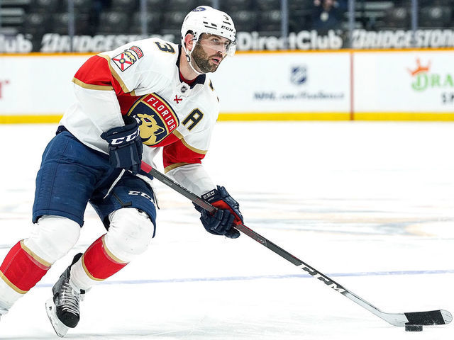 NASHVILLE, TN - MARCH 6: Keith Yandle #3 of the Florida Panthers skates against the Nashville Predators at Bridgestone Arena on March 6, 2021 in Nashville, Tennessee.