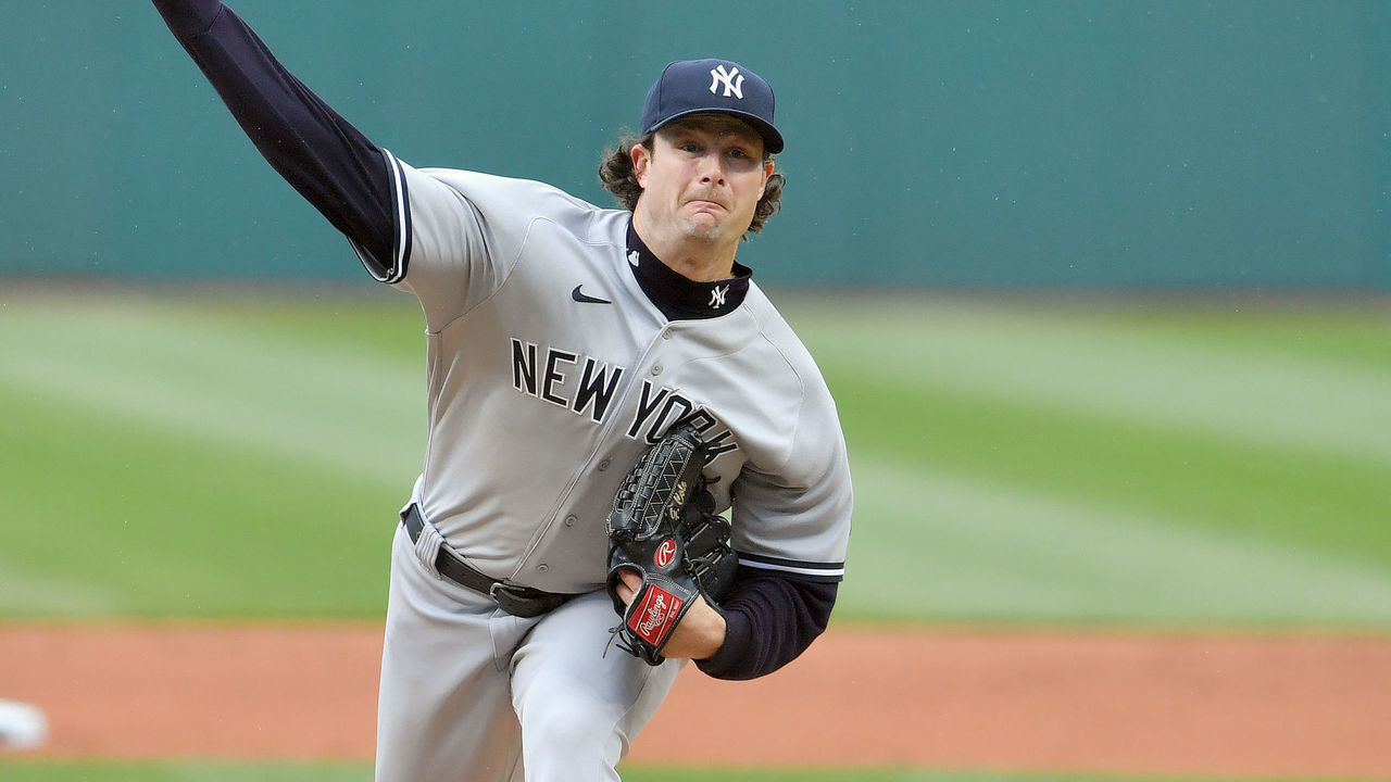 CLEVELAND, OHIO - APRIL 24: Starting pitcher Gerrit Cole #45 of the New York Yankees pitches during the first inning against the Cleveland Indians at Progressive Field on April 24, 2021 in Cleveland, Ohio.