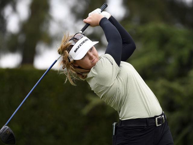 LOS ANGELES, CA - APRIL 24: Brooke Henderson of Canada hits off the second tee during the final round of the HUGEL-AIR PREMIA LA Open at Wilshire Country Club on April 24, 2021 in Los Angeles, California.
