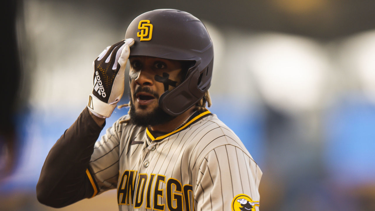 LOS ANGELES, CA - APRIL 24: Fernando Tatis Jr. #23 of the San Diego Padres celebrates hitting a home run in the first inning against the Los Angeles Dodgers on April 24, 2021 at Dodger Stadium in Los Angeles, California.