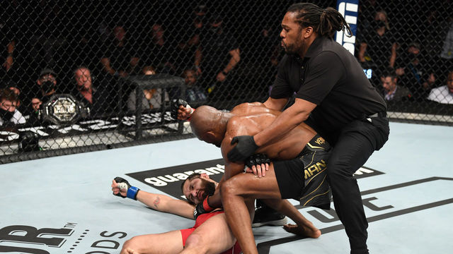JACKSONVILLE, FLORIDA - APRIL 24: (R-L) Kamaru Usman of Nigeria punches Jorge Masvidal in their UFC welterweight championship bout during the UFC 261 event at VyStar Veterans Memorial Arena on April 24, 2021 in Jacksonville, Florida.