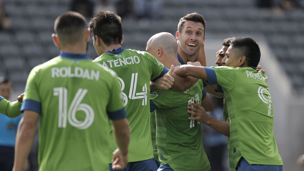 LOS ANGELES, CALIFORNIA - APRIL 24: Will Bruin #17 of Seattle Sounders celebrates after Brad Smith #11 of Seattle Sounders scored a header during the second half of a game against the Los Angeles FC at Banc of California Stadium on April 24, 2021 in Los Angeles, California. Los Angeles FC and Seattle Sounders tied, 1-1