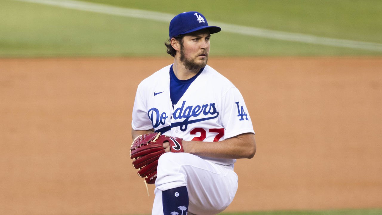LOS ANGELES, CA - APRIL 24: Los Angeles Dodgers starting pitcher Trevor Bauer (27) pitches during the MLB regular season baseball game against the San Diego Padres on April 24, 2021, at Dodger Stadium in Los Angeles, CA.