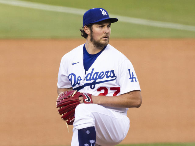 LOS ANGELES, CA - APRIL 24: Los Angeles Dodgers starting pitcher Trevor Bauer (27) pitches during the MLB regular season baseball game against the San Diego Padres on April 24, 2021, at Dodger Stadium in Los Angeles, CA.