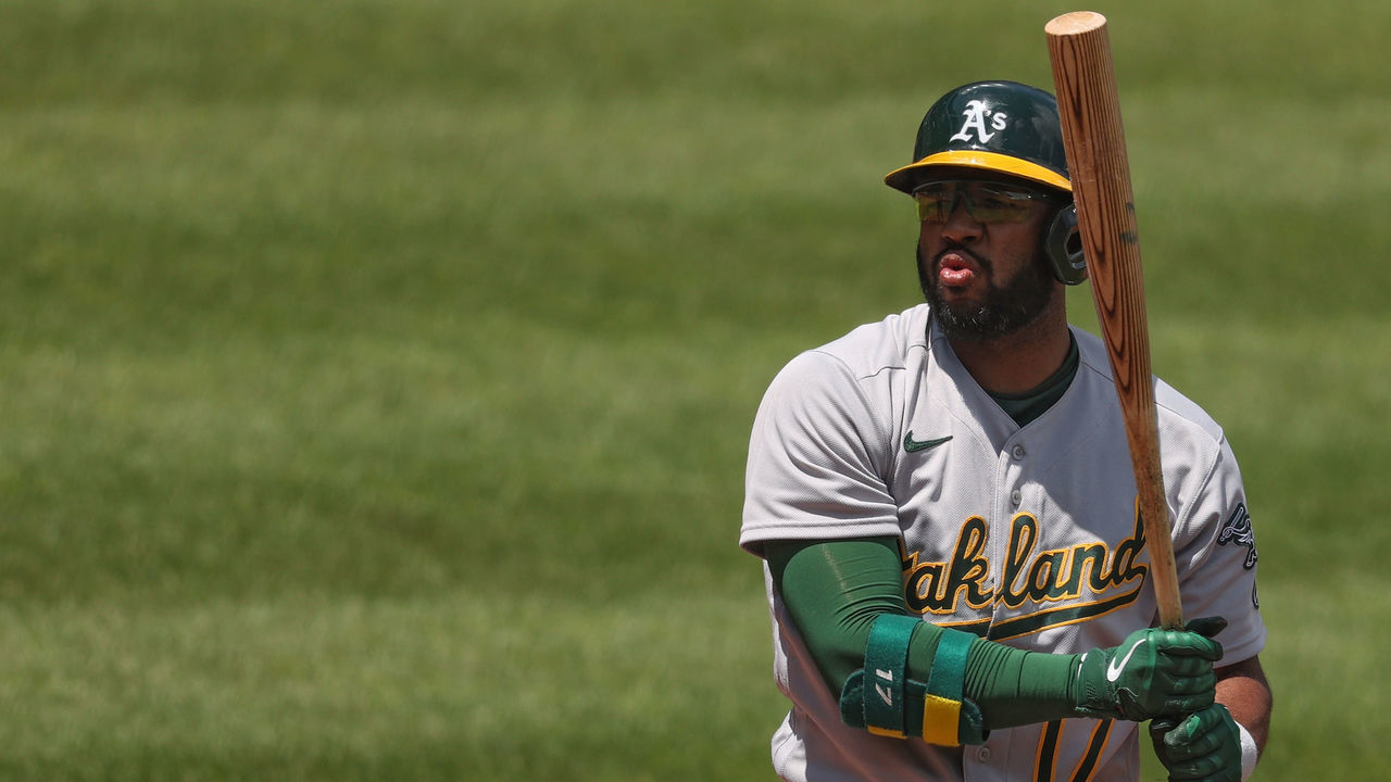 BALTIMORE, MARYLAND - APRIL 25: Elvis Andrus #17 of the Oakland Athletics reacts after striking out swinging against the Baltimore Orioles during the second inning at Oriole Park at Camden Yards on April 25, 2021 in Baltimore, Maryland.