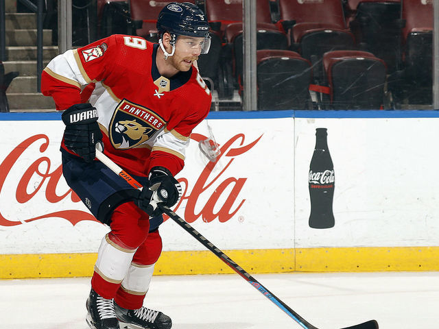 SUNRISE, FL - APRIL 22: Sam Bennett #9 of the Florida Panthers warms up on the ice prior to the start of the game against the Carolina Hurricanes at the BB&T Center on April 22, 2021 in Sunrise, Florida.