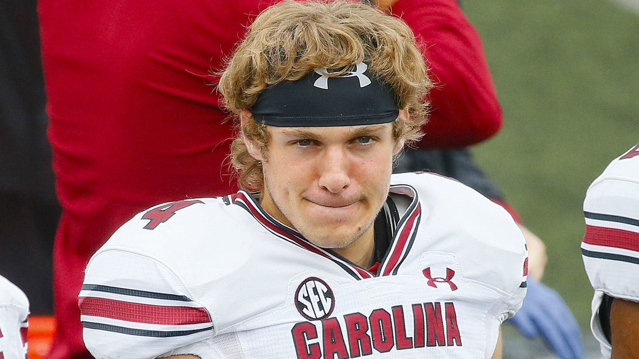 NASHVILLE, TENNESSEE - OCTOBER 10: Luke Doty #4 of the South Carolina Gamecocks watches from the sideline during a game against the Vanderbilt Commodores at Vanderbilt Stadium on October 10, 2020 in Nashville, Tennessee.