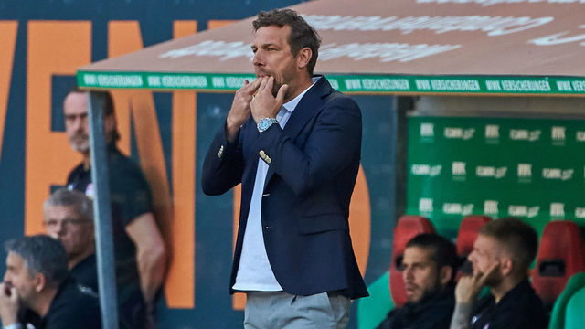 AUGSBURG, GERMANY - APRIL 20: head coach Markus Weinzierl of VfB Stuttgart whistles during the Bundesliga match between FC Augsburg and VfB Stuttgart at WWK-Arena on April 20, 2019 in Augsburg, Germany.