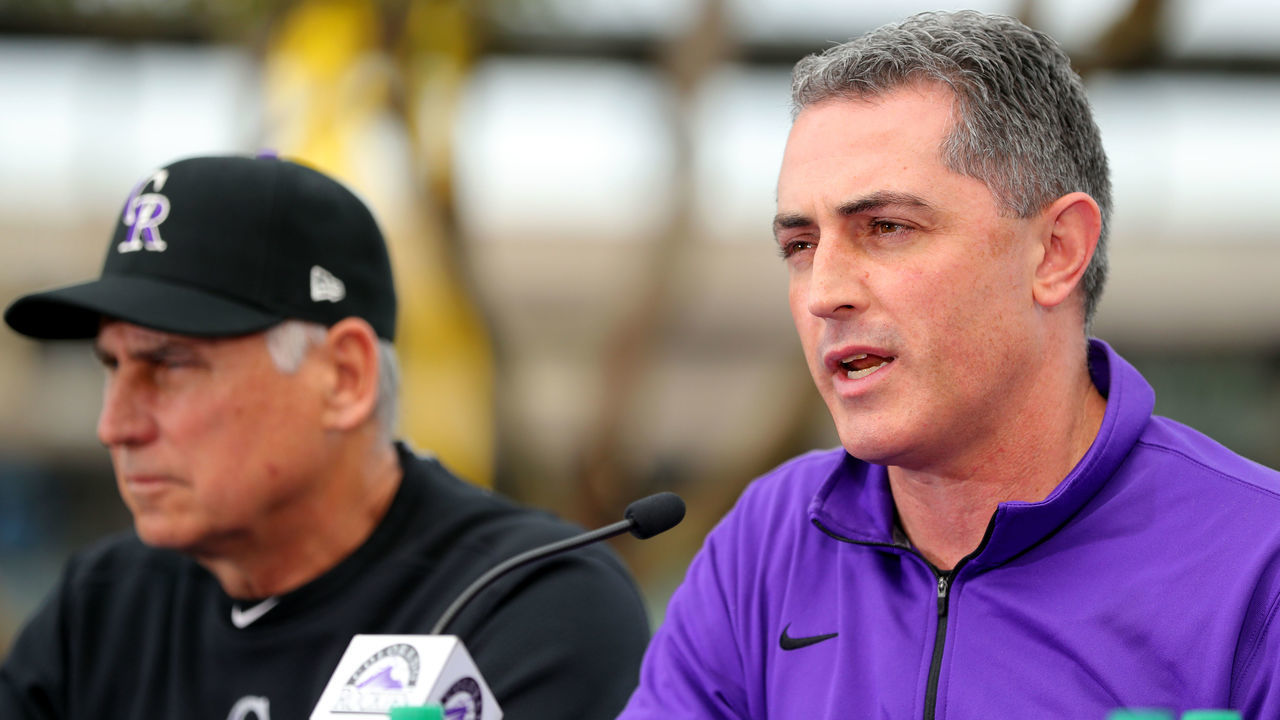 SCOTTSDALE, AZ - FEBRUARY 27: Manager Bud Black #10 and General Manager Jeff Bridich of the Colorado Rockies are seen during a press conference announcing Nolan Arenado's contract extension on Wednesday, February 27, 2019 at Salt River Fields at Talking Stick in Scottsdale, Arizona.