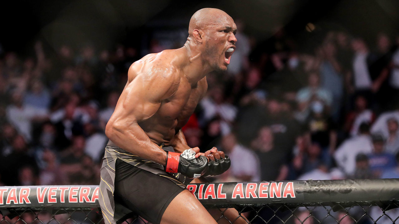 JACKSONVILLE, FL - APRIL 25: Kamaru Usman of Nigeria celebrates his victory over Jorge Masvidal of the United States during the Welterweight Title bout of UFC 261 at VyStar Veterans Memorial Arena on April 25, 2021 in Jacksonville, Florida.
