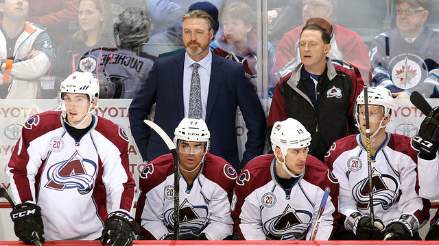 WINNIPEG, MB - MARCH 12: Head Coach Patrick Roy of the Colorado Avalanche looks on from the bench during second period action against the Winnipeg Jets at the MTS Centre on March 12, 2016 in Winnipeg, Manitoba, Canada.