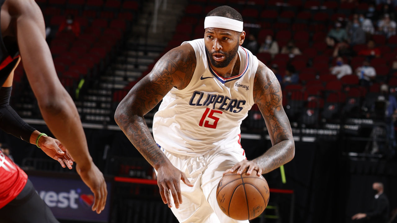 HOUSTON, TX - APRIL 23: DeMarcus Cousins #15 of the Los Angeles Clippers drives to the basket during the game against the Houston Rockets on April 23, 2021 at the Toyota Center in Houston, Texas. Mandatory Copyright Notice: Copyright 2021 NBAE