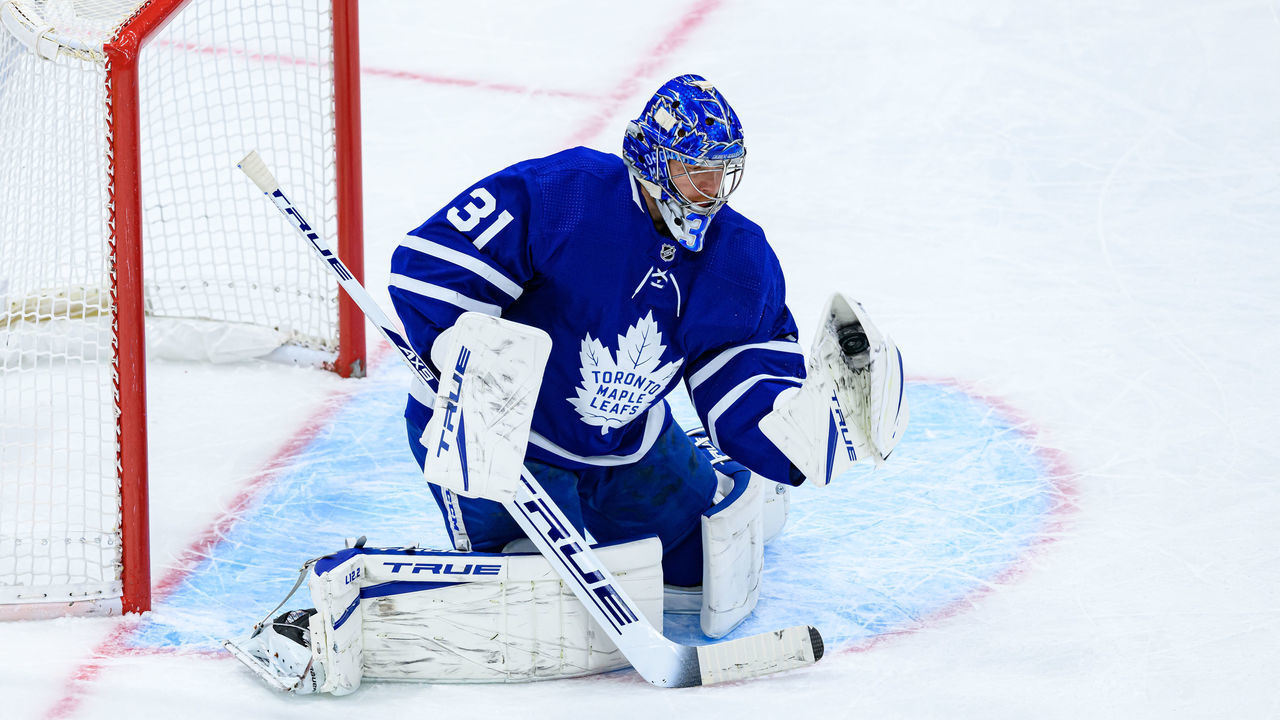 TORONTO, ON - FEBRUARY 17: Toronto Maple Leafs Goalie Frederik Andersen (31) makes a save during the second period of the NHL regular season game between the Ottawa Senators and the Toronto Maple Leafs on February 17, 2021, at Scotiabank Arena in Toronto, ON, Canada.