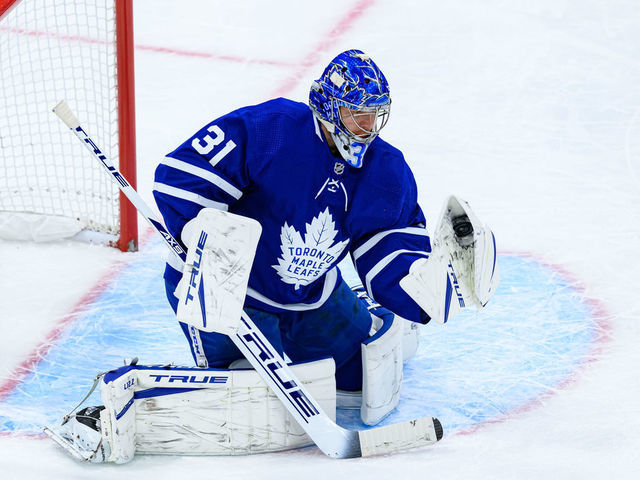 TORONTO, ON - FEBRUARY 17: Toronto Maple Leafs Goalie Frederik Andersen (31) makes a save during the second period of the NHL regular season game between the Ottawa Senators and the Toronto Maple Leafs on February 17, 2021, at Scotiabank Arena in Toronto, ON, Canada.