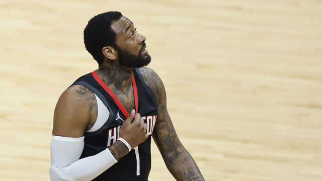 MIAMI, FLORIDA - APRIL 19: John Wall #1 of the Houston Rockets reacts against the Miami Heat during the first quarter at American Airlines Arena on April 19, 2021 in Miami, Florida.