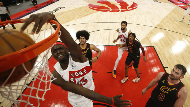 TAMPA, FL- APRIL 26: Pascal Siakam #43 of the Toronto Raptors dunks the ball during the game against the Cleveland Cavaliers on April 26, 2021 at Amalie Arena in Tampa, Florida. Mandatory Copyright Notice: Copyright 2021 NBAE