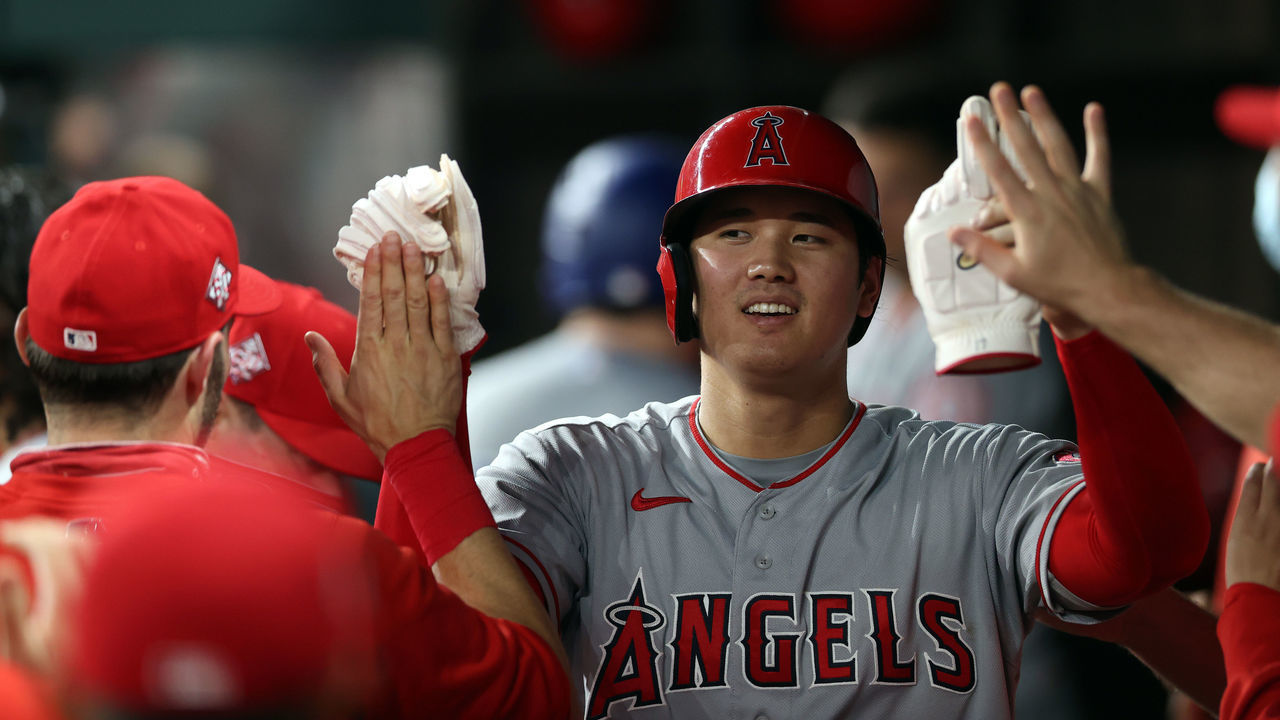ARLINGTON, TEXAS - APRIL 26: Shohei Ohtani #17 of the Los Angeles Angels celebrates a run against the Texas Rangers in the sixth inning at Globe Life Field on April 26, 2021 in Arlington, Texas.